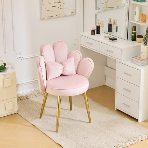 LEADZM Sessel Wohnzimmer, Schminktisch Stuhl Armlehnensessel Loungesessel Relaxsessel Lesesessel Akzentsessel Einzelsofa Schlafzimmer, mit Samtbezug Metallbeinen (Petal Rückenlehne, Rosa)