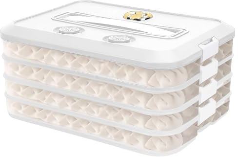 Yallmie 4 Layer Dumpling Storage Box, Dumpling Organizer with Lid And Handle Freezer Storage Boxes, Cookie Storage Container with 2 Timer Fridge Food Organisers for Vegetable Meat Fish Food (White)