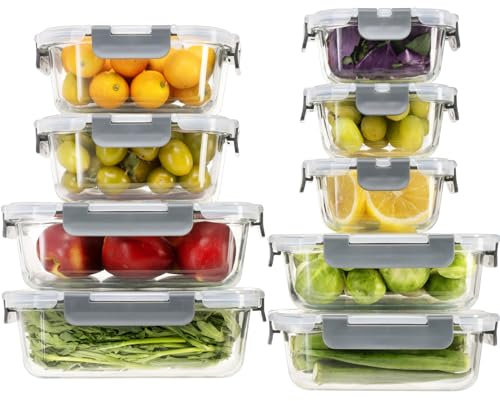 GENICOOK Juego de 18 recipientes de cristal con tapa, herméticos para alimentos, para cocina, despensa, sin BPA y a prueba de fugas (9 tapas y 9 contenedores)