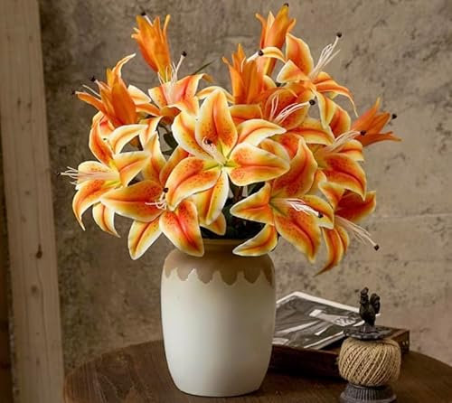 Lot de 12 fleurs de lys artificielles, 79 cm de long, 4 tiges avec 12 têtes de lys tigrés pour maison, hôtel, arrangement floral, décoration de fête (orange)
