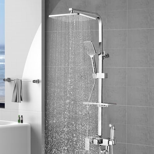 Columna de ducha, columna de ducha termostática, altura ajustable, 85-125 cm, conjunto de ducha para cuarto de baño, cuadrado, panel de ducha de acero inoxidable (cuatro modos de salida de agua