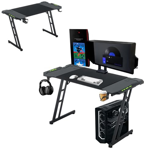Froadp Scrivania da Gaming con LED 160x60cm Tavolo PC Gaming a Forma di Z Nero Superficie in Fibra di Carbonio Scrivania Ergonomica per Computer con Portabevande e Gancio per Cuffie Portata 150 kg