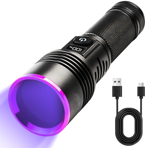 UV Taschenlampe, UV Lampe 365nm, Schwarzlicht Taschenlampen Aufladbar mit USB-C und Flüssigkristallanzeige, Ultraviolettes Licht Stufenloses Dimmen, für Geocaching, Heimtierurindetektor, Skorpion