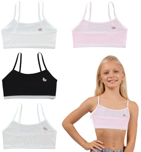 4 Stück Bustier Mädchen Sport Top Gepolstert, Kinder BH mit Spaghettiträger, Unterwäsche Teens, Yoga Trainings Bralette für Teenager 8-14 Jahre, Weich Leicht Nahtlos Gymnastik Workout