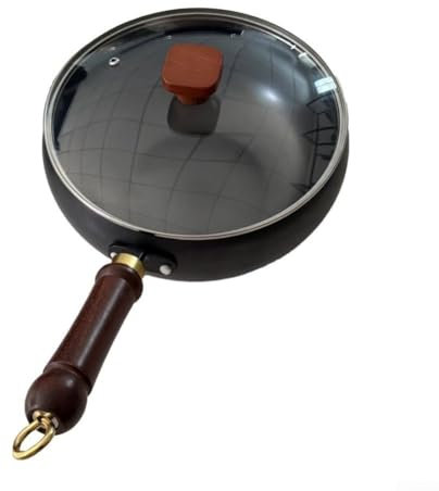Pentola tradizionale in ferro forgiato a mano, piccola padella tradizionale in metallo non rivestito, con pareti spesse, base pesante per rosolare (pentola da 24 cm + coperchio in vetro)