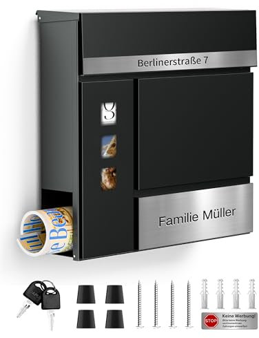 Personalisiert Briefkasten mit Gravur, Rostfreies Edelstahl Namensschild & Hausnummer - Moderner Briefkasten mit Zeitungsfach und Schloss (2 Schlüssel) - Einfache Montage