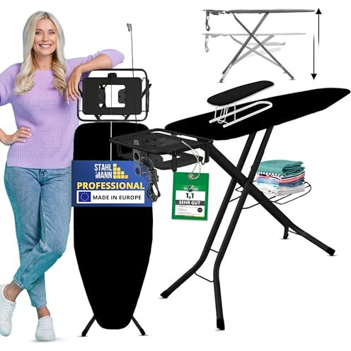 SEHR BELIEBT! STAHLMANN ® XXL-Bügelbrett für Dampfbügelstation inkl. Ärmelbrett[130x48 Bügelfläche]– Bügeltisch [Made IN EU] – extra stabiles Bügelbrett – Bügelbrettbezug [100% Baumwolle]