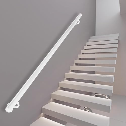 Lanmmraifc 1 m 1,5 m 2 m 2,5 m 3 m weißer Treppengeländer-Handlauf, rutschfeste runde Treppengeländer-Stützstange mit Halterungen, Wandbalustrade-Fußgeländer-Sicherheitshaltegriff-Set(90cm)