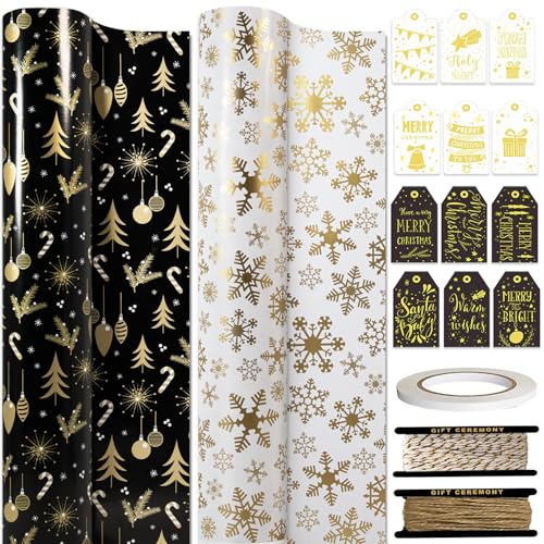 HaloCasa Geschenkpapier Weihnachten Set - 2 Rollen Metallic Weihnachtspapier in Schwarz, Weiß und Gold (43cm x 10m) mit Geschenkanhängern & Juteband - für Adventskalender, Geschenkverpackung & Basteln