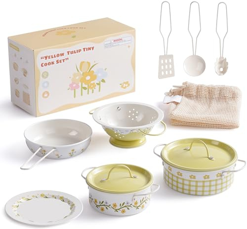 ROBOTIME Kid Metal Play Pots and Pans Toy, Pretend Cooking Utensils Yellow | Tinplate Kitchen Cookware Set, Play Kitchen Accessories with Net Bag, Cream French Style for Kids Toddlers 3+