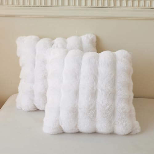 LIFEREVO Fluffy Faux Rabbit Fur Set of 2 Cushion Covers 50x50cm, Luxury Plush Shaggy Bubble Waffle Square Throw Pillow Covers with Zipper, Home Decorative Pillow Shams for Bedroom Living Room, White
