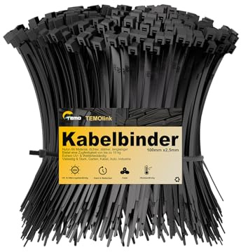 Temolink 100 Stück Kabelbinder Schwarz, 100 x 2,5 mm, UV-beständig Kabelbinder, 10 kg Zugfestigkeit, Selbstsichernde, Wetterfest für Kabelmanagement, Garten, Büro & Werkstatt