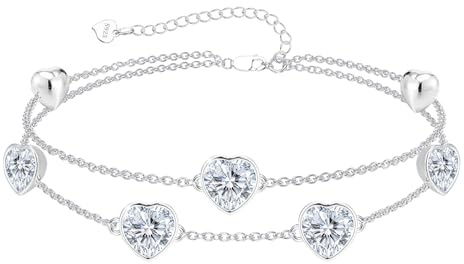 Herz Armband 925 Silber Zweireihiges Geburtsstein Damen Armbänder Geschenke | Verstellbare wasserfest Geburtstag Armbänder Zirkonia Schmuck für Frauen Freundin Mädchen Doppelarmband Geburtstagsgeschenk