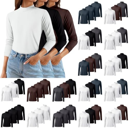 peiaclkde Thermal Tops Womens 3 Pack Long Sleeve Tops Turtleneck Jumpers For Women Soft Base Layers Skims Top Plain Jumpers Lightweight Thermal Underwear Shirt Slim Fit Basic Top For All Seasons