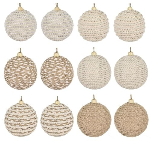 Weihnachtskugeln, Boho, Bauernhaus, Juteseil, zum Aufhängen, 6 Stile, Jute-Kugeln, neutrale, rustikale Ornamente für Weihnachtsbaum, Weihnachtskranz, Girlande, 12 Stück