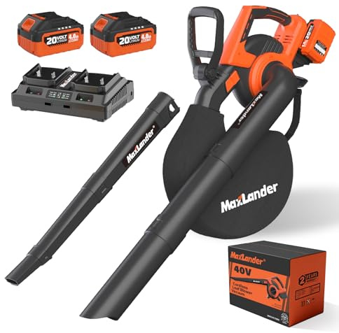 MAXLANDER Cordless Leaf Blower & Vacuum with Bag, 3-in-1 Brushless Battery Powered Leaf Vacuum Mulcher 40V 170MPH 360CFM 5 Speeds Leaf Blowers for Lawn Care 2x4.0Ah Battery & Charger Included
