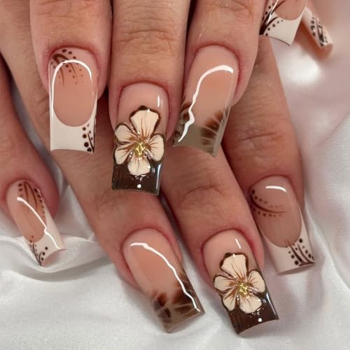 TESGADGETS 24 Pieces Brown Medium Square Artificial False Nails with Floral Design for Sticking French Acrylic Art Nails Leopard Pattern Glossy Full Coverage