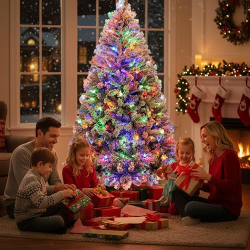 Árbol Navideño Artificial 180cm con Efecto Nevada, 300 Luces RGB, 1000 Puntas de Ramas Frondosas & Montaje Rápido con Bisagras, Abeto Completo para Decoración Invernal Festiva, Verde & Blanco