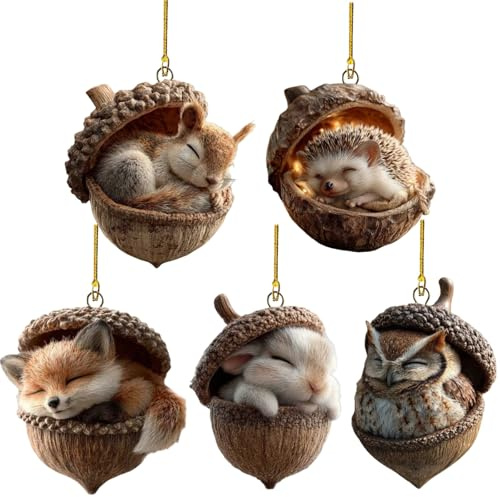 5Pcs Forest Animal Acorn Ornaments,Sleeping Animal Acrylic Hanging Decoration,Cozy Forest Christmas Ornaments,Lovely Festival Ornaments,2D Animals Festival Tree Decorations,Nature Lovers Gifts