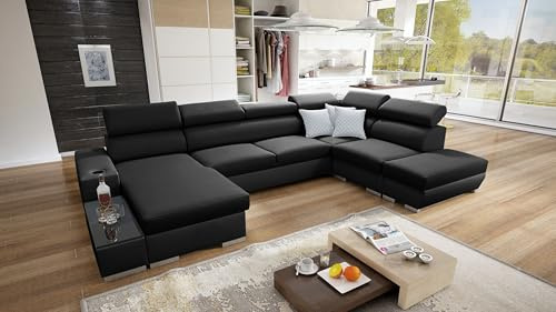IM SOFA PERS VI Wohnlandschaft U-Form Ecksofa mit Schlaffunktion Bettkasten Couch Wohnzimmer freistehend verstellbare Kopfstützen 3 Dekokissen (Schwarz Sawana + Schwarzes Kunstleder, Links)