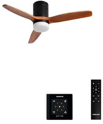 CREATE / WINDCALM NATURAL WOOD S/Deckenventilator mit Beleuchtung Schwarz Dunkelholzflügel mit Fernbedienung und Wandschalter / 40W, Timer, Ø112cm, 6 Geschwindigkeiten, Sommer-Winterbetrieb