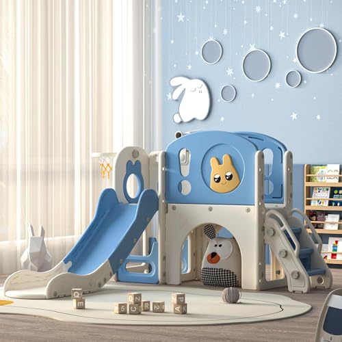 8-in-1 Toddler Slide with Climbing Ladder,Tunnel and Basketball Hoop, Indoor Outdoor Slide Set for Kids, Children's Play Equipment,Gifts for Kids Girls Boys Teen Ages 1-6(60 * 64 * 38cm)
