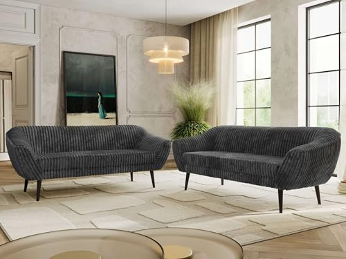 MKS MEBLE Sofagarnitur PIRS 3 + 3 - Couchgarnitur im skandinavischen Design, Gesteppte Polsterung, Wellenfederung, Wohnzimmer Sofa Set - Schwarze Beine, Dunkelgrau Cord