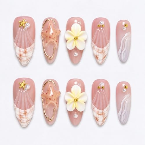 30-Piece 3D Starfish Nail Tips French Pearl Lily Design Light Yellow Gradient - Soft Gel Press On Nails Almond & Stiletto Shapes Full-Coverage Summer Manicure Reusable with Jelly Gel Tabs
