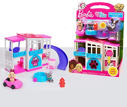 Barbie Pet Dreamhouse Ensemble de Jeu Double Face 10 pièces avec Animaux de Compagnie et Accessoires, Jouets pour Enfants à partir de 3 Ans