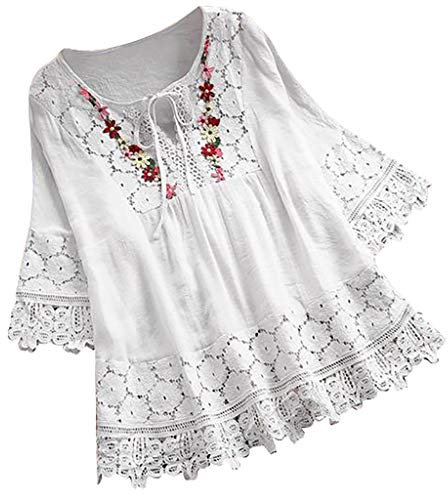 Lazzboy Frauen Weinlese Spitze Patchwork Bogen V-Ausschnitt DREI Viertel Blusen Top T-Shirt Damen Bohemian Stickerei Floral Tunika Shirt Bluse(Weiß,2XL)