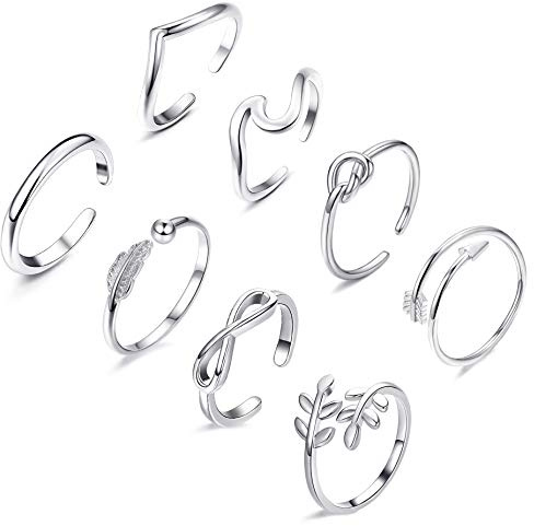 FUNEIA 8PCS Adjustable Rings for Women, Silver Stackable Knuckle Rings for Women, Arrow Knot Wave Open Stacking Dainty Thumb Rings Set
