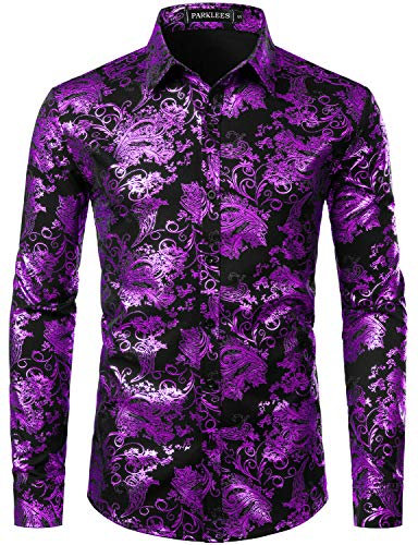 PARKLEES Herren Luxus Paisley Gemustert Golden Glänzend Slim Fit Freizeithemd ZLCL18 Schwarz Lila L