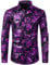 PARKLEES Camicia da uomo di lusso Paisley oro lucido stampato elegante slim fit button down, Nero viola, L
