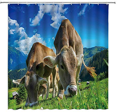 LRSJD Duschvorhang, Kuh, rustikal, Landrinder, Grasland, Berge, Blau, Himmel, Weiß, Wolke, ländliche Szene, Stoff, Badezimmer-Vorhang-Set, 183 x 183 cm, mit Haken, Braun, Grün, Blau