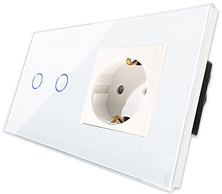 CNBINGO Touch Lichtschalter mit Schuko Steckdose unterputz - Wandschalter zweifach in Weiß - Berührungsschalter mit Glasrahmen und Status-LED - 800W/Fach