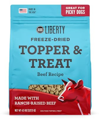BIXBI Liberty Freeze Dried Dog Food Topper + Dog Treat, Beef Recipe, 4.5 oz - 98% Meat and Organs, No Fillers - Pantry-Friendly Raw Treat or Food Topper - USA Made in Small Batches