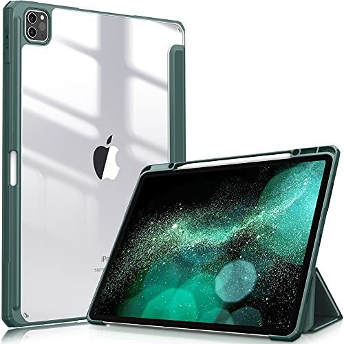 FINTIE Hybrid Hülle für iPad Pro 12.9 2022 (6. Generation)/ iPad Pro 12.9 2021/2020/2018 mit Stifthalter - Stoßfeste Schutzhülle mit transparenter Hartschale auf der Rückseite, Dunkelgrün