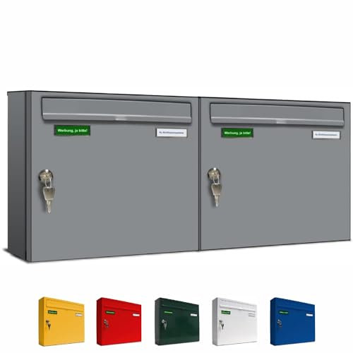 AL Briefkastensysteme Basic 2er Briefkasten RAL 9006 Weiß Aluminium Silber Edelstahl-farbig 2 Fach DIN A4 wetterfest Briefkastenanlage mit Posthaltebügel und 2 Namensschildern