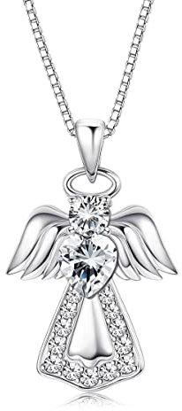 Finrezio - Collar de plata con colgante de ángel guardián de plata de ley 925 para mujer, collar de plata con cristal de corazón, para regalo, cristales de Austria, regalo para hija/esposa/novia,
