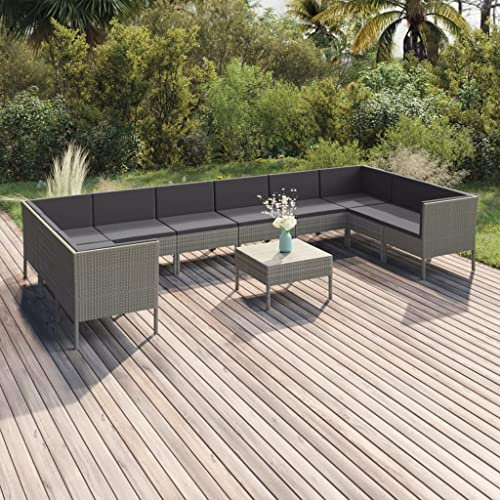 vidaXL Gartenmöbel 11-TLG. mit Auflagen Sitzgruppe Sofa Lounge Garten Garnitur Gartenset Gartensofa Mittelsofa Ecksofa Tisch Fußhocker Poly Rattan Grau