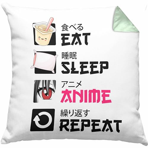 Trendation Eat Sleep Anime Kissen mit Füllung 40x40 Geschenk Spruch Geschenke Deko (Grün)