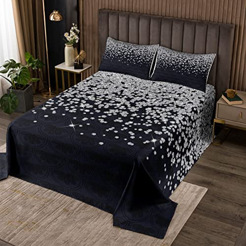 Loussiesd Silber Glitzer Bettüberwurf (kein Glitzer) Bling Party Dekorationen Schwarz Steppdecke für Kinder Jugendliche Diamant Blumen Tagesdeck 240x260cm Wohndecke Atmungsaktiv Mit 2 Kissenbezügen