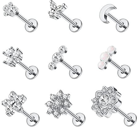 MILACOLATO 9Stück 16G Tragus Ohrringe für Damen Edelstahl Labret Ohrstecker Monroe Lippenring CZ Opal Nasenstecker Innengewinde Helix Ohrstecker Medusa Knorpel Piercing Schmuck