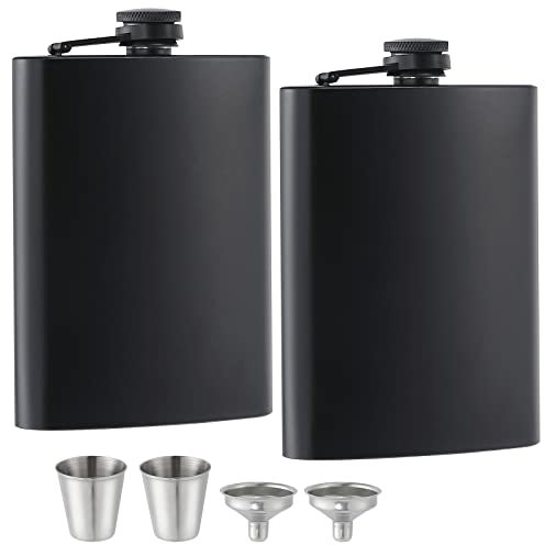 2 petacas para licor para hombre, color negro mate, 8 onzas, acero inoxidable, a prueba de fugas, con 2 copas de vino, 2 embudos utilizados para regalo, camping, actividades al aire libre, padrino de