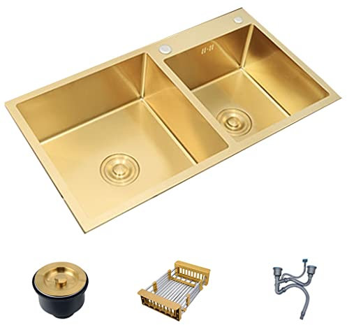 Küchen Küchenspüle Aus Edelstahl In Gold Große Größe Doppelwaschbecken Haushaltsspülbecken Unterbauwaschbecken Einbau-Gemüsespüle Küchenspülen (Color : Gold, S : 75 * 40cm)