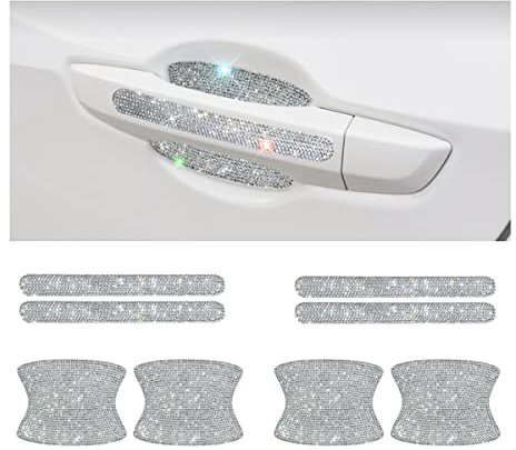 JNNJ 8 Stück Auto Türgriff Schutzfolie Pad, Universal Auto Strass Bling Glitzer Autotürgriff Kratzschutz Aufkleber, Bling Kristall Dekoration Autozubehör(Weiß)