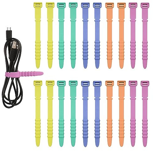 20pcs Silicone Cable Ties, Cord Organizer Straps Reusable Zip Ties Elastic Cord Management for Headphones Phone Charging Wire USB Home Office Table Organization (Yellow, Green, Pink, Orange, Blue)