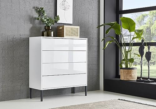 moebel-dich-auf Schubkastenkommode Ben 3 mit Metallfüßen Sideboard Kommode (weiß/weiß Hochglanz)