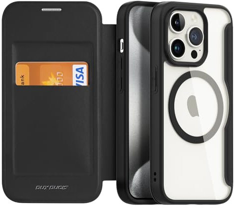 DUX DUCIS Magnetisch Hülle für iPhone 15 Pro, [Kompatibel mit MagSafe] Premium Flip Leder Klar Stoßfest Schutzhülle Handyhülle mit RFID Blocker für Apple iPhone 15 Pro Klapphülle (Schwarz)