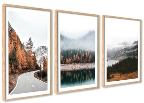 Landschaft 3er Poster Set Berge Wald Natur Braun Gold 3 Stück 50x70cm Mit Rahmen Holz | Bilder als Wanddeko, Wohnzimmer & Schlafzimmer